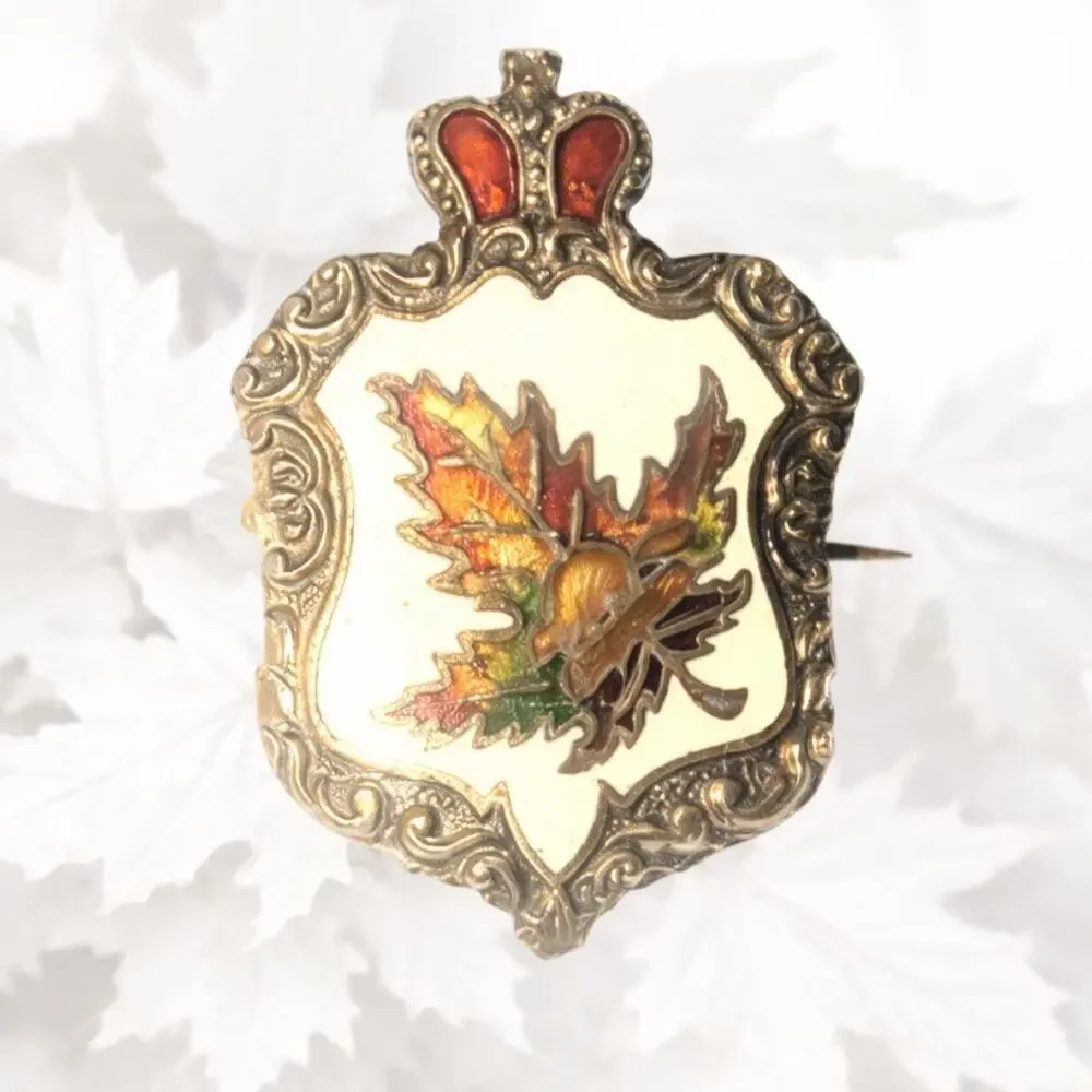 Sterling Silver Maple Leaf Crown Brooch Enamel Pin Shield Gold Tone Canada